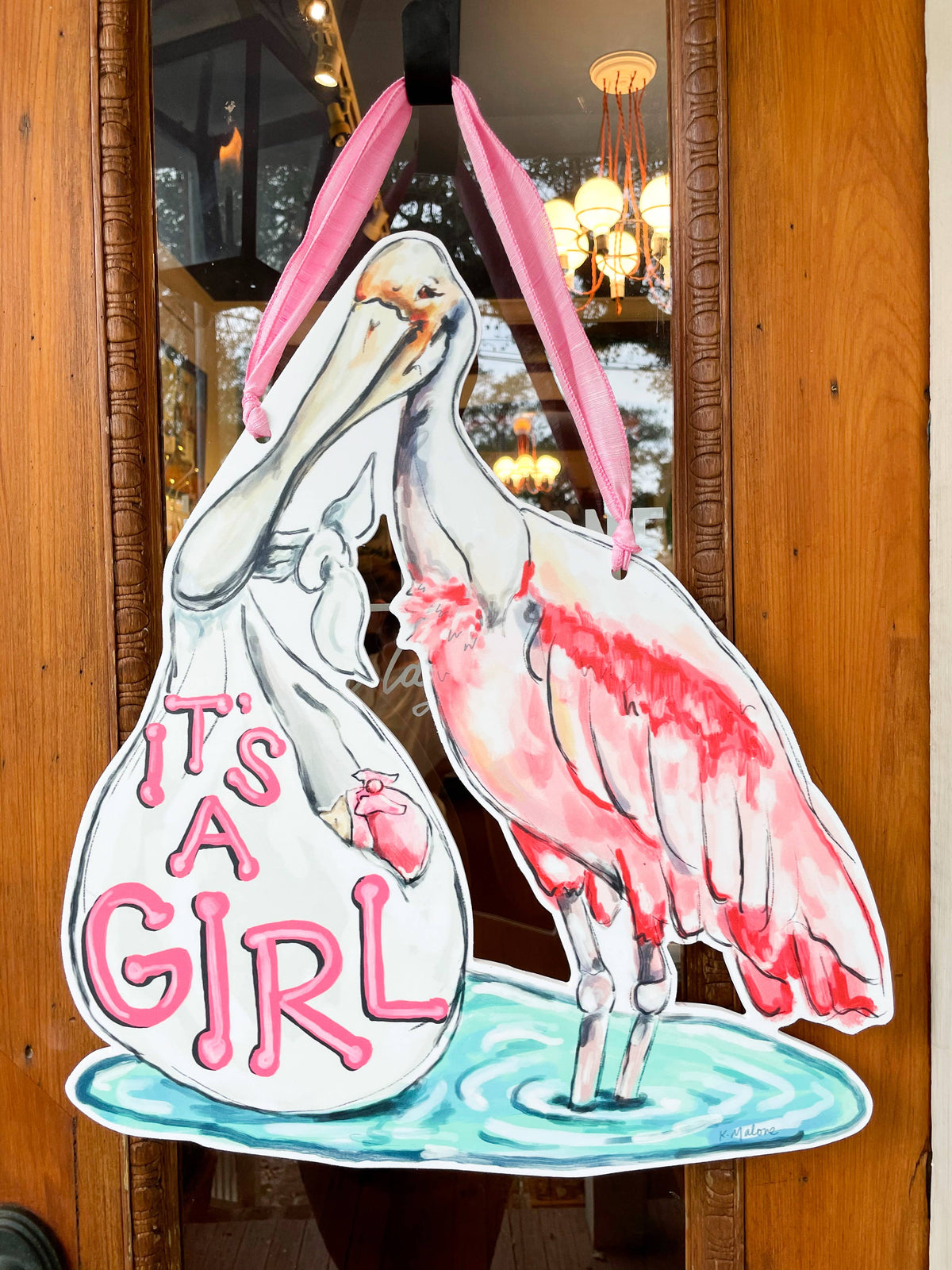 It's A Girl Spoonbill Door Hanger - Southern Baby Welcome
