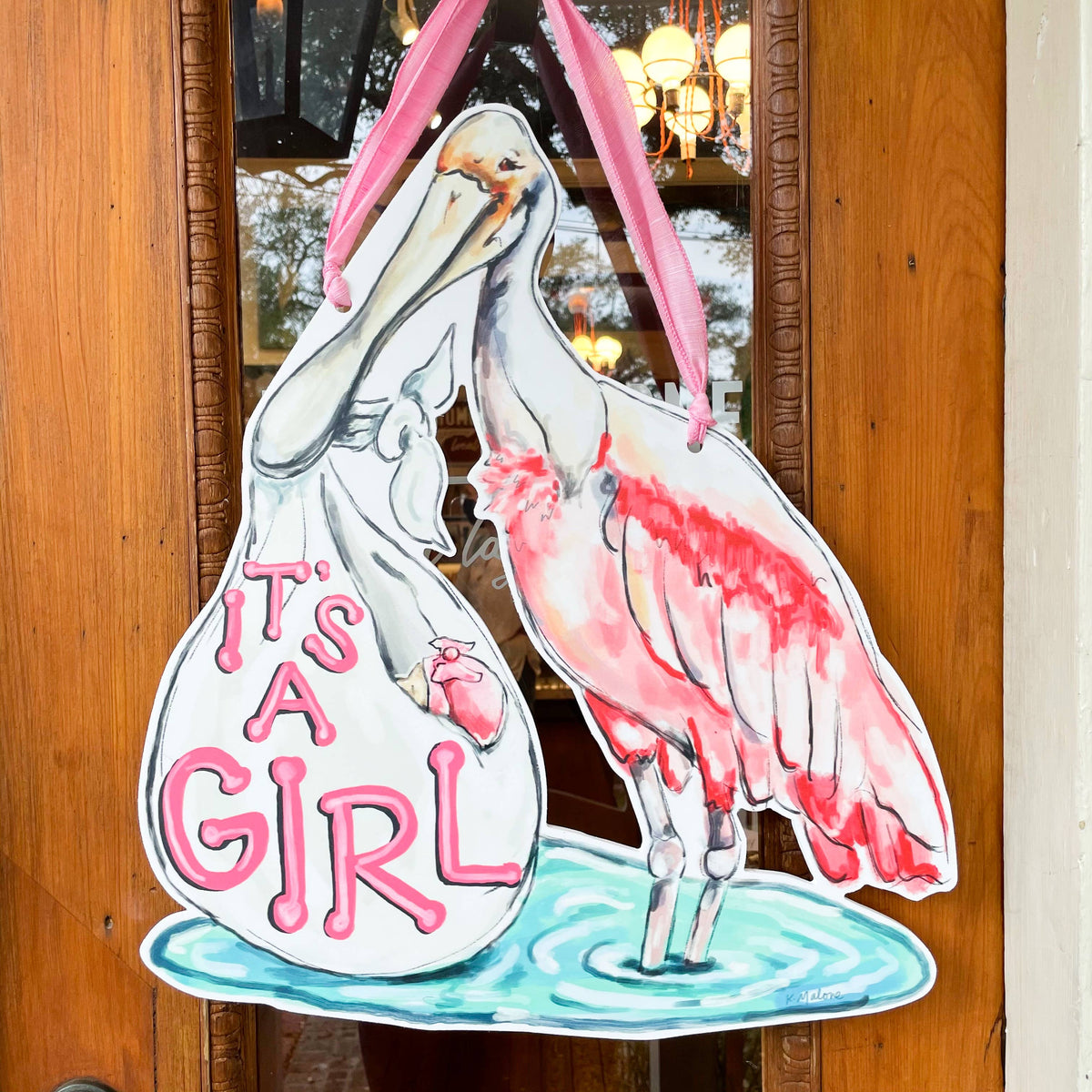 It's A Girl Spoonbill Door Hanger - Southern Baby Welcome